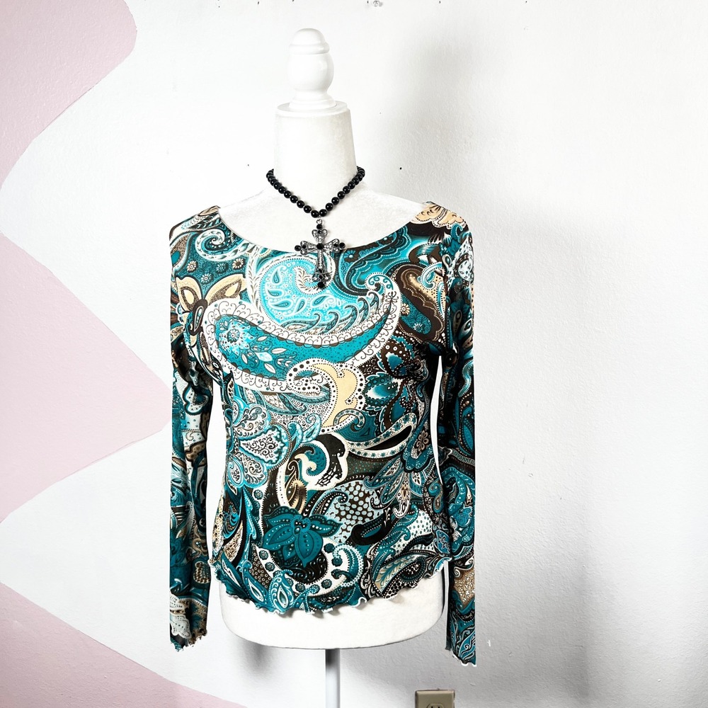 VTG Y2K Paisley Mesh Top Small Petite 2000s Festival‎ Boho Indie Sleaze
